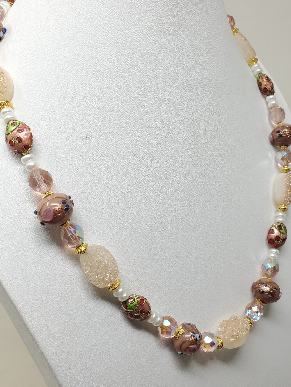 PINK & GREEN CLOISONNE DRUZY LADYBUG NECKLACE - Picture 5 of 8